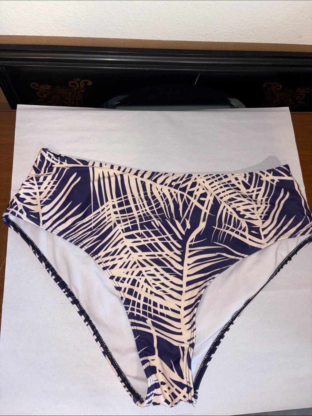 high waisted bikini bottom with Navy blue and white palm print NWOT